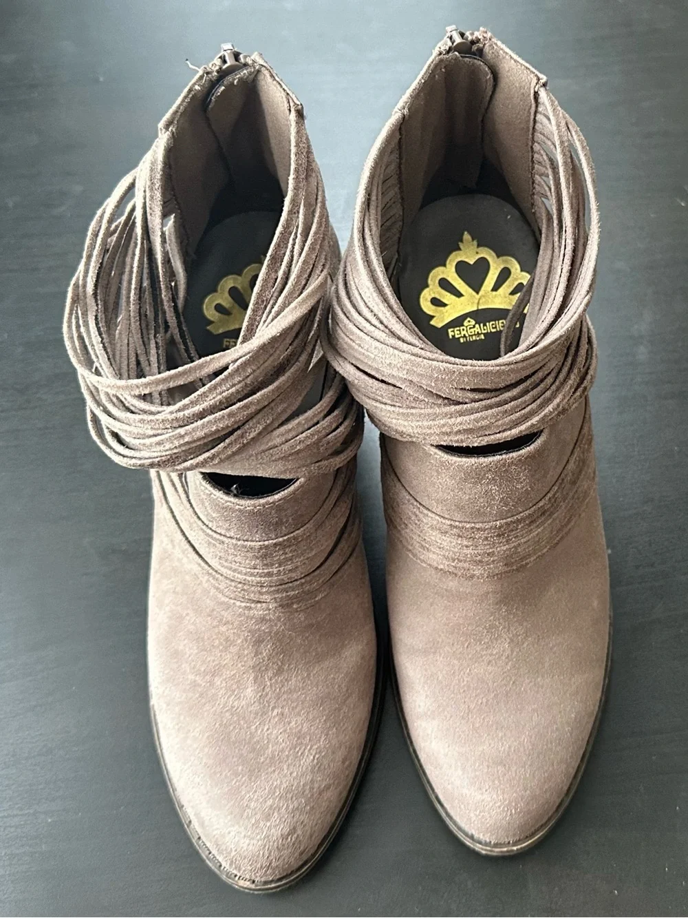 Fergalicious Taupe Suede Fringe Booties size 7.5
